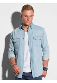 Ombre Clothing - Koszula męska z długim rękawem K567 - jasnoniebieska - XL. Kolor: niebieski. Materiał: bawełna, jeans. Długość rękawa: długi rękaw. Długość: długie. Styl: klasyczny