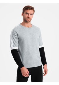 Ombre Clothing - Trójkolorowa męska bluza dresowa z raglanowymi rękawami – szara V1 - Rozmiar: M. Okazja: na co dzień. Kolor: szary. Materiał: dresówka. Długość rękawa: raglanowy rękaw. Wzór: nadruk. Styl: sportowy, casual