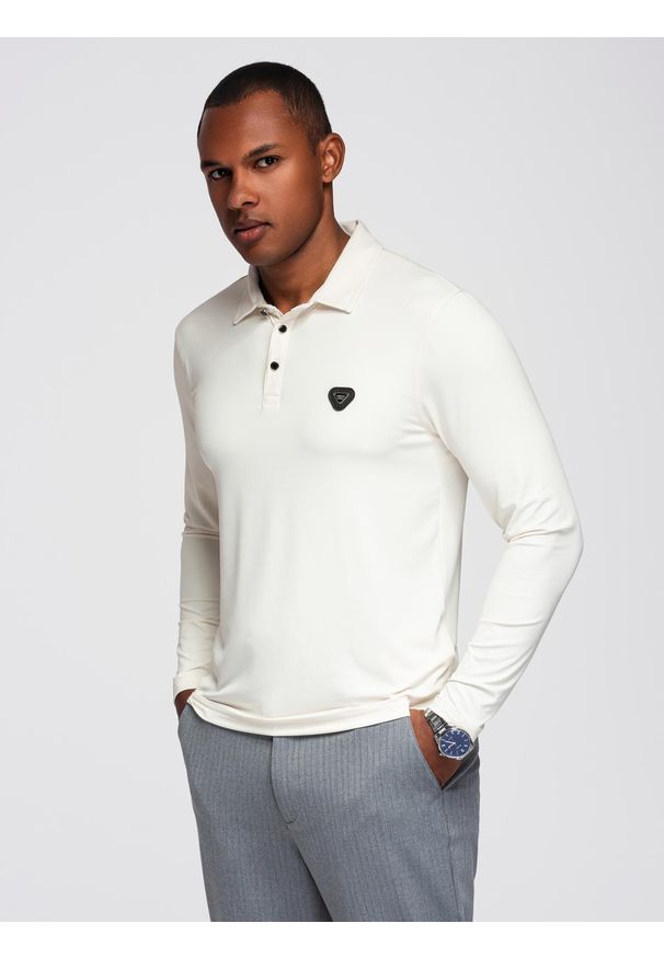 Ombre Clothing - Koszulka polo z długim rękawem zapinana na eleganckie, brandowane guziki – kremowa V2 - Rozmiar: XXL. Okazja: na co dzień. Typ kołnierza: polo. Kolor: kremowy. Materiał: nylon, elastan, skóra, dzianina. Długość rękawa: długi rękaw. Długość: długie. Styl: elegancki