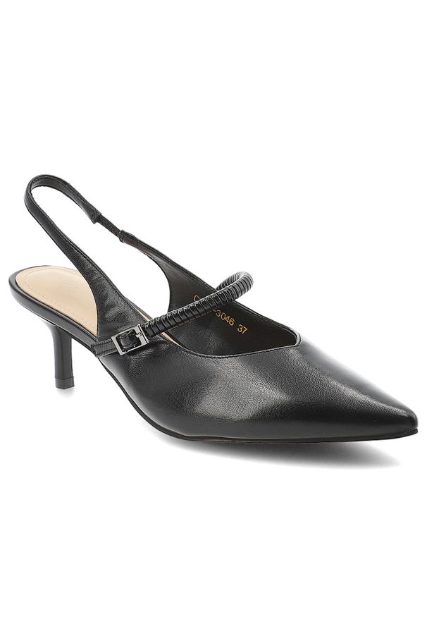 Czółenka damskie S.Barski, cholewka ze skóry naturalnej licowej pasek wokół pięty z regulacją na klamrę zabudowany szpiczasty przód, czarne, CR61-304. Nosek buta: szpiczasty. Zapięcie: klamry. Kolor: czarny. Materiał: skóra. Szerokość cholewki: normalna