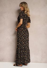 Renee - Czarno-Różowa Sukienka z Wiskozy z Dekoltem w Serek z Gumką w Pasie i Materiałowym Paskiem Ganeslla. Okazja: na spacer, na randkę. Typ kołnierza: dekolt w serek. Kolor: czarny. Materiał: materiał, wiskoza. Długość rękawa: krótki rękaw. Wzór: kwiaty #4