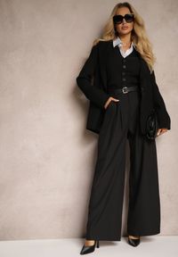 Renee - Czarne Spodnie Palazzo High Waist z Szerokimi Nogawkami i Paskiem z Metalową Klamrą Oinna. Okazja: do pracy, na co dzień. Stan: podwyższony. Kolor: czarny. Styl: klasyczny, casual, elegancki