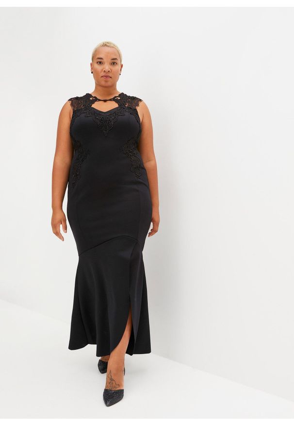 bonprix - Długa sukienka ze sztywniejszego materiału scuba z koronką. Okazja: na imprezę. Kolor: czarny. Materiał: koronka, materiał. Wzór: koronka. Styl: wizytowy, elegancki. Długość: maxi