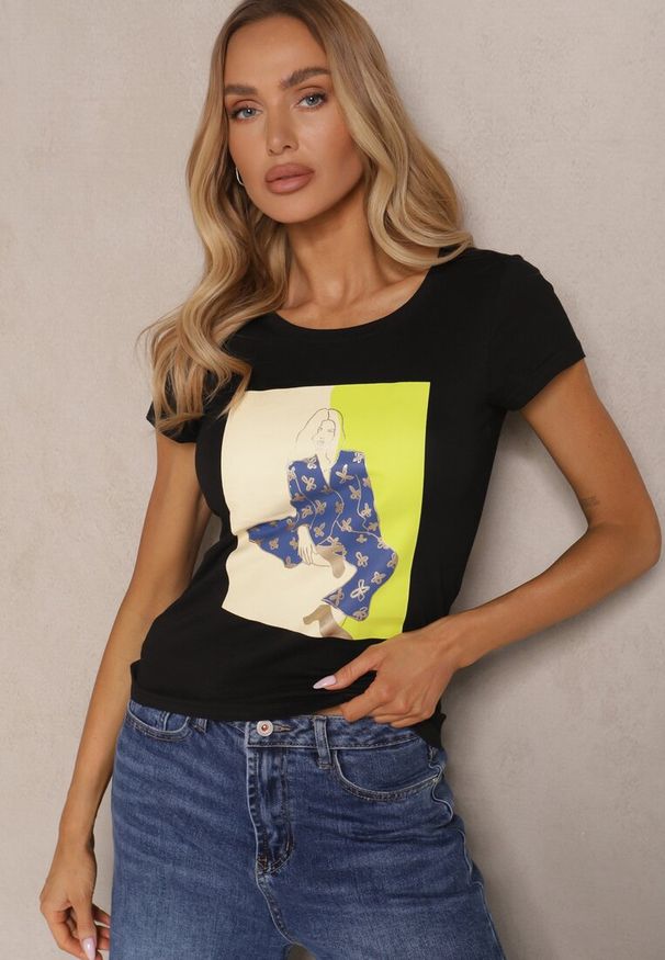 Renee - Czarny T-shirt z Bawełny Zdobiony Nadrukiem Aizana. Okazja: na co dzień. Kolor: czarny. Materiał: bawełna. Wzór: aplikacja, nadruk. Styl: casual