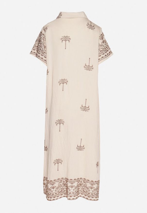 Born2be - Beżowa Pudełkowa Sukienka z Wiskozą o Koszulowym Kroju Zdobiona Haftem Sanori. Okazja: na co dzień. Kolor: beżowy. Materiał: wiskoza. Długość rękawa: krótki rękaw. Wzór: aplikacja, haft. Typ sukienki: koszulowe. Styl: casual, klasyczny
