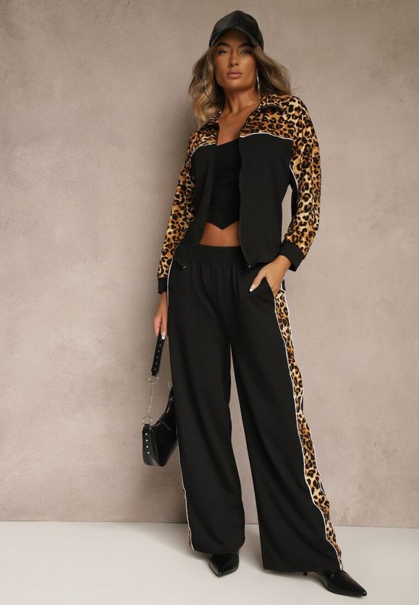 Renee - Czarny Komplet Dresowy z Panterkowymi Wstawkami Bluza i Spodnie Wide Leg Redrie. Kolor: czarny. Materiał: dresówka. Wzór: motyw zwierzęcy, aplikacja