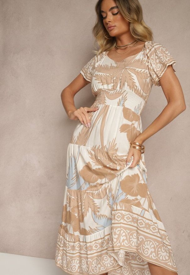 Renee - Jasnobeżowa Sukienka Rozkloszowana z Wiskozy w Boho Wzór Elliseira. Okazja: na co dzień, na imprezę. Kolor: beżowy. Materiał: wiskoza. Długość rękawa: krótki rękaw. Sezon: lato. Typ sukienki: proste. Styl: boho