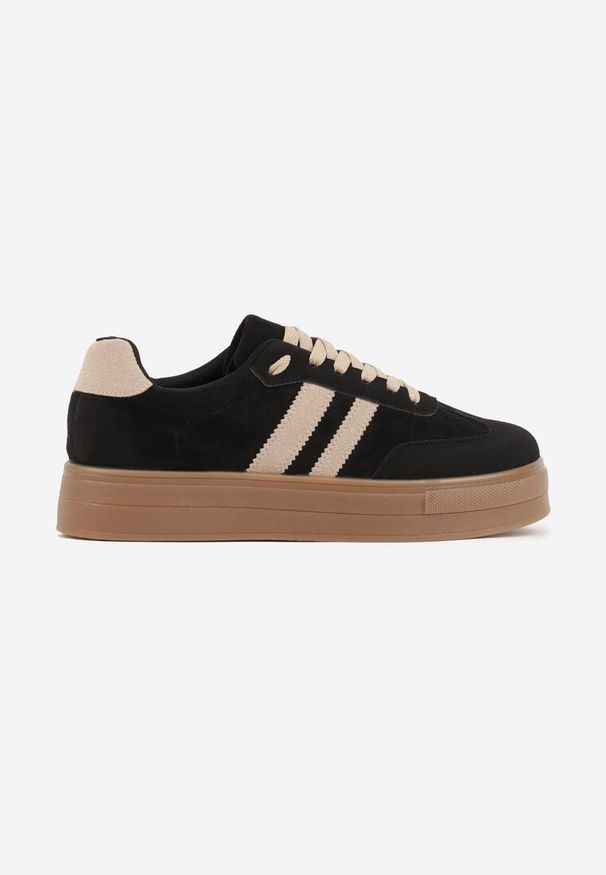 Renee - Czarne Sneakersy na Platformie w Stylu Tenisówek Ozdobione Paskami Ladia. Okazja: na co dzień. Zapięcie: pasek. Kolor: czarny. Materiał: jeans. Wzór: aplikacja. Sezon: wiosna. Obcas: na platformie