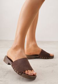 Renee - Ciemnobrązowe Klapki z Nitami Lephiaphe. Okazja: na co dzień. Kolor: brązowy. Wzór: aplikacja. Sezon: lato. Styl: casual, elegancki #1