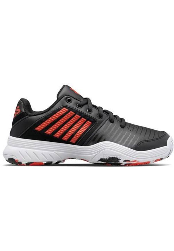 Buty do tenisa dla dzieci K-Swiss Court Express Allcourt. Zapięcie: sznurówki. Kolor: biały, wielokolorowy, czarny. Materiał: materiał, syntetyk, tkanina. Szerokość cholewki: normalna. Sport: tenis