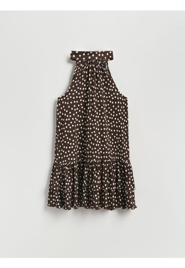 Reserved - Sukienka mini w groszki - ciemnobrązowy. Kolor: brązowy. Materiał: dzianina. Wzór: grochy. Długość: mini