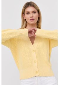 Hugo - HUGO kardigan bawełniany damski kolor żółty. Kolor: żółty. Materiał: bawełna