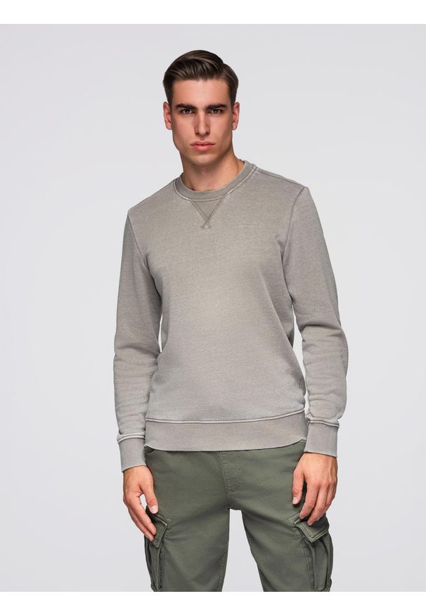 Ombre Clothing - Washowana bluza męska z ozdobnym przeszyciem przy dekolcie - beżowa V2 - Rozmiar: L. Kolor: beżowy. Materiał: materiał, bawełna, jeans, poliester. Wzór: haft