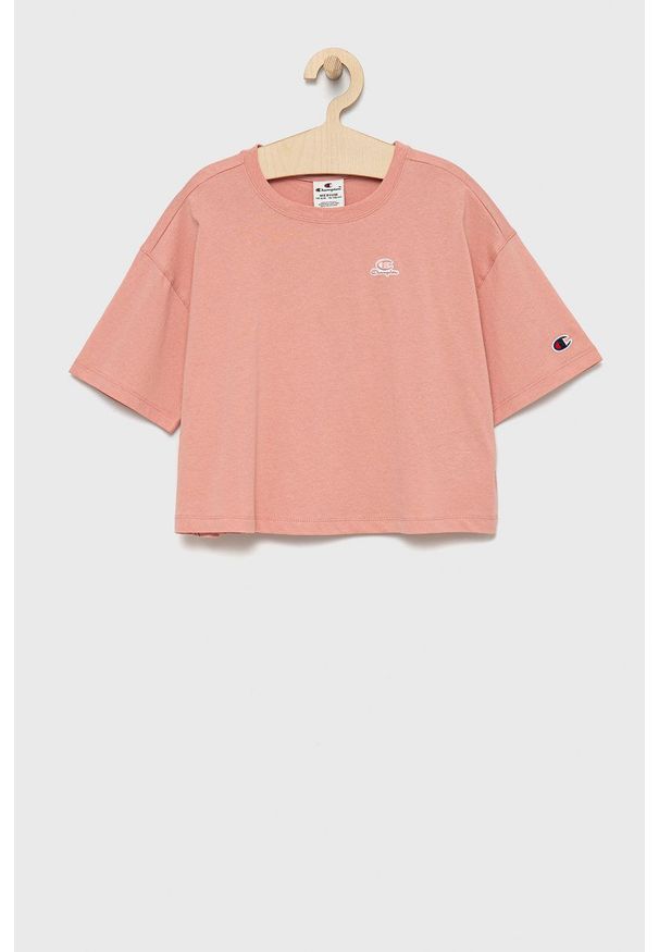 Champion t-shirt bawełniany dziecięcy kolor różowy. Kolor: różowy. Materiał: bawełna. Długość rękawa: krótki rękaw. Długość: krótkie. Wzór: aplikacja