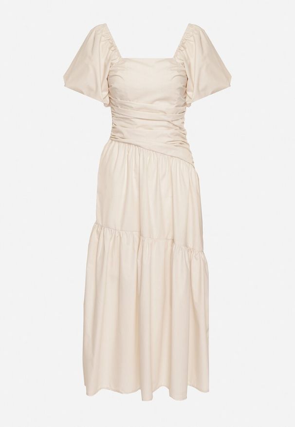 Born2be - Beżowa Rozkloszowana Marszczona Sukienka z Wiskozą i Bufiastymi Rękawami oraz Falbanką Larnovia. Okazja: na co dzień, na imprezę. Kolor: beżowy. Materiał: wiskoza. Typ sukienki: proste. Styl: casual, elegancki