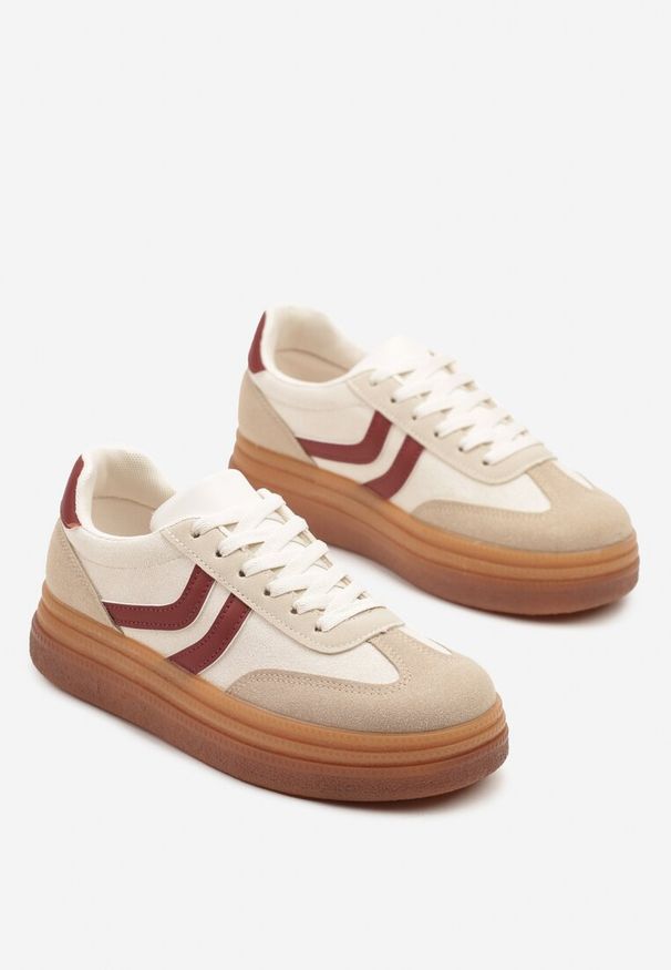 Renee - Beżowo-Bordowe Sneakersy Typu Kultowe Tenisówki na Niskiej Platformie Olritia. Nosek buta: okrągły. Zapięcie: sznurówki. Kolor: beżowy. Materiał: materiał. Obcas: na platformie. Wysokość obcasa: niski