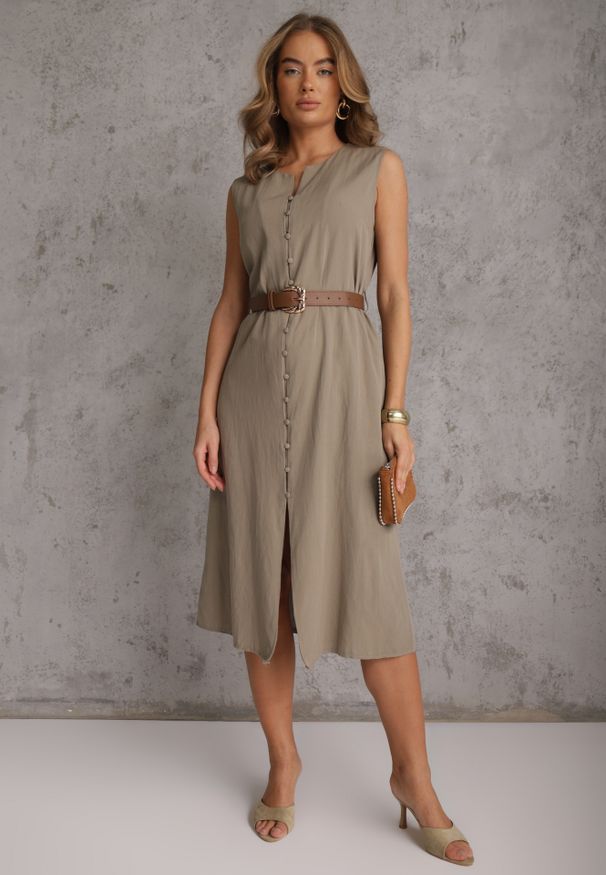 Renee - Zielona Pudełkowa Sukienka z Wiskozą Bawełną Guzikami i Paskiem Magmaris. Okazja: do pracy, na co dzień. Kolor: zielony. Materiał: wiskoza, bawełna. Sezon: wiosna, lato. Styl: elegancki, casual