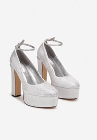 Born2be - Srebrne Czółenka z Cyrkoniami na Słupku i Platformie Mauvele. Nosek buta: okrągły. Zapięcie: sprzączka. Kolor: srebrny. Materiał: materiał. Obcas: na platformie. Styl: klasyczny. Wysokość obcasa: średni #4