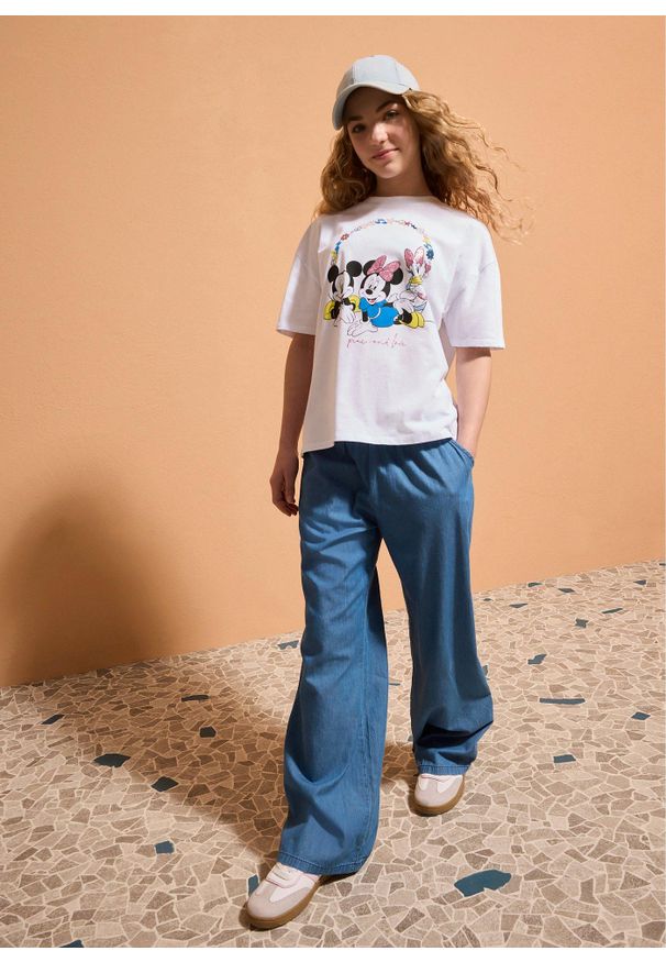 bonprix - T-shirt oversize z nadrukiem Myszki Miki, z czystej bawełny. Kolor: biały. Materiał: bawełna. Długość rękawa: krótki rękaw. Długość: krótkie. Wzór: nadruk