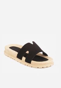 Renee - Czarne Klapki na Plecionej Platformie z Geometryczną Cholewką Elatea. Okazja: na co dzień. Kolor: czarny. Wzór: geometria. Obcas: na platformie. Styl: boho, wakacyjny, casual #6