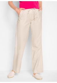bonprix - Spodnie lniane z szerokimi nogawkami. Kolor: beżowy. Materiał: len #1