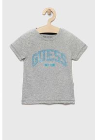 Guess t-shirt bawełniany dziecięcy kolor szary wzorzysty. Okazja: na co dzień. Kolor: szary. Materiał: bawełna. Wzór: haft. Styl: casual #1