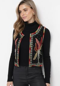 Born2be - Czarna Bawełniana Kamizelka Ozdobiona Kolorowym Haftem i Cyrkoniami Davimme. Kolor: czarny. Materiał: bawełna. Wzór: kolorowy, haft, aplikacja. Sezon: lato #3