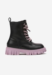 Born2be - Czarno-Fioletowe Botki Workery z Sznurowaniem Nelada. Okazja: na uczelnię, na co dzień. Zapięcie: sznurówki. Kolor: czarny. Materiał: wełna, jeans. Wzór: kolorowy. Sezon: wiosna, jesień. Styl: casual, elegancki