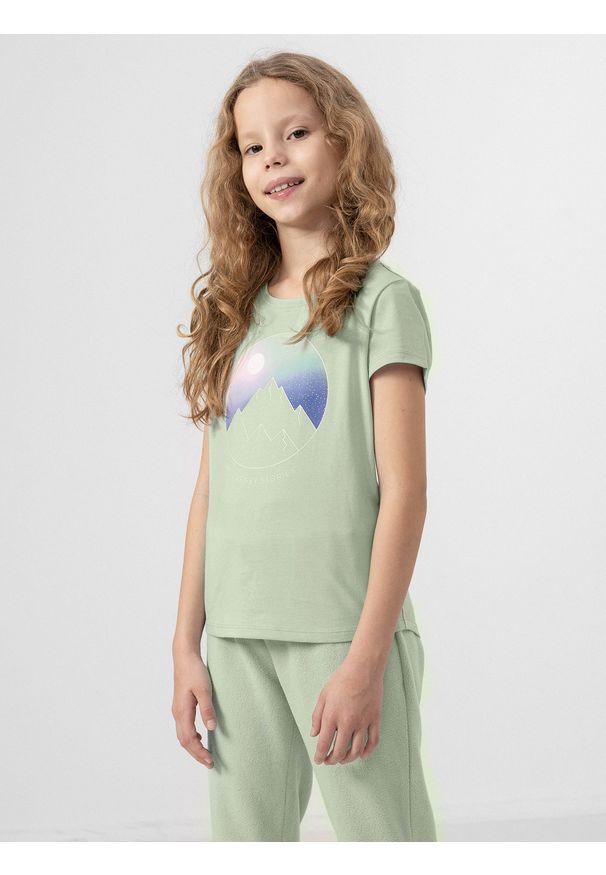4f - T-shirt z nadrukiem dziewczęcy. Kolor: turkusowy. Materiał: dzianina, bawełna. Wzór: nadruk