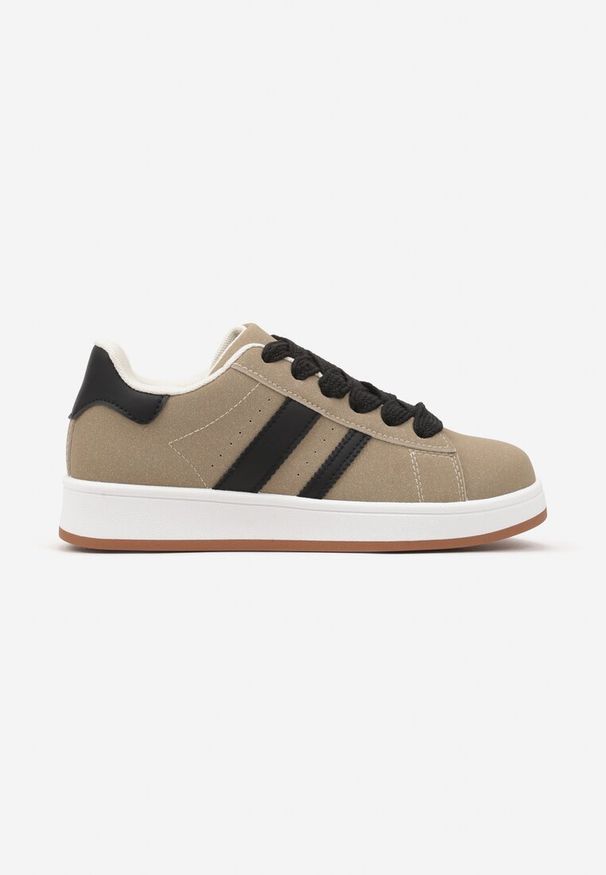 Renee - Beżowe Sneakersy na Niskiej Platformie z Naszywkami Flordexia. Okazja: na co dzień. Kolor: beżowy. Materiał: jeans. Wzór: aplikacja. Obcas: na platformie