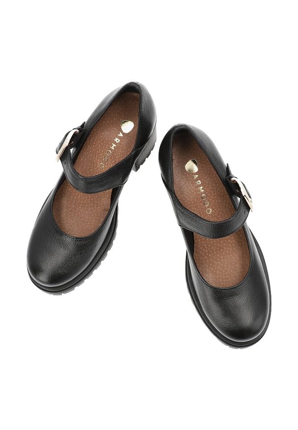 Armodo - Półbuty damskie Armdo, na klocku skórzane eleganckie zapinane sprzączką z okrągłym noskiem, czarne, 20166. Okazja: do pracy. Nosek buta: okrągły. Zapięcie: sprzączka. Kolor: czarny. Materiał: skóra. Obcas: na słupku. Styl: elegancki