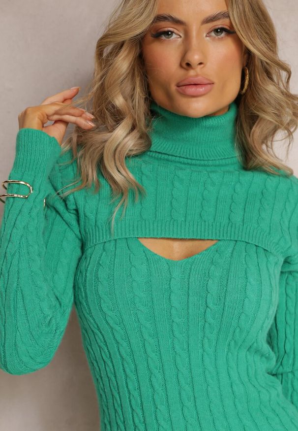 Renee - Zielony 2-częściowy Komplet Dzianinowy Sukienka i Sweter Crop Top Rewerta. Kolor: zielony. Materiał: dzianina. Wzór: aplikacja