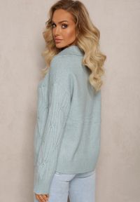 Renee - Miętowy Sweter z Dekoltem w Serek i Ozdobnym Splotem Travissa. Typ kołnierza: dekolt w serek. Kolor: miętowy. Wzór: ze splotem. Styl: elegancki #4