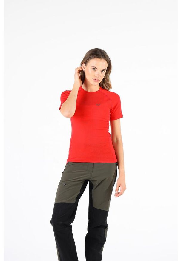 WOOLONA - Damska koszulka z krótkim rękawem 100% Wełna Merino 195gr Bise Woolona. Kolor: czerwony. Materiał: wełna. Długość rękawa: krótki rękaw. Długość: krótkie