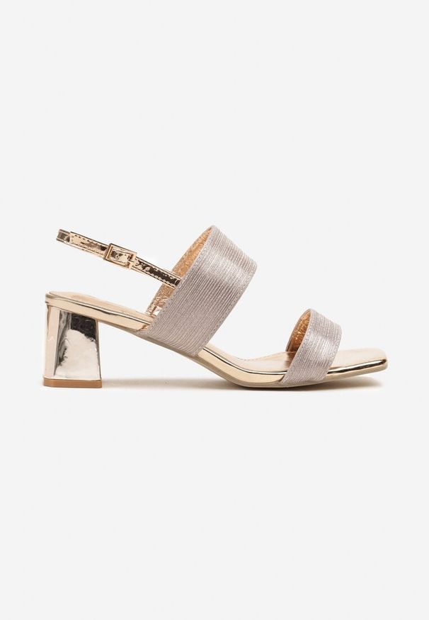 Renee - Szampańskie Sandały Brokatowe na Słupkowym Obcasie z Metalicznym Połyskiem Greltewi. Kolor: złoty. Materiał: jeans. Obcas: na obcasie. Styl: elegancki. Wysokość obcasa: średni