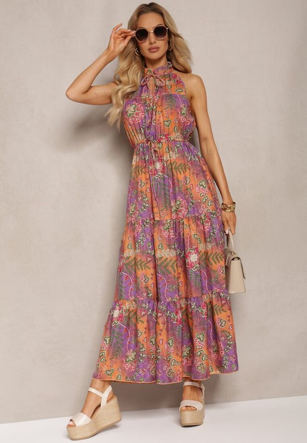 Renee - Pomarańczowo-Różowa Sukienka w Stylu Boho z Gumką w Talii i Ozdobnym Wiązaniem Piofara. Kolor: pomarańczowy. Materiał: tkanina. Sezon: lato. Styl: boho