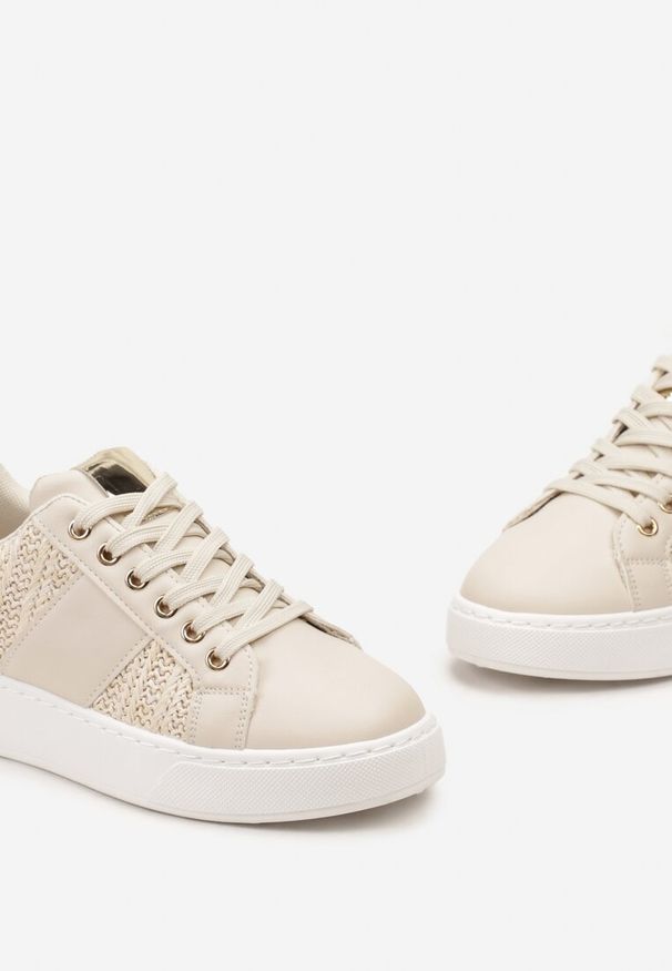 Renee - Beżowe Sznurowane Sneakersy z Ekoskóry z Plecionką i Metaliczną Wstawką Josephina. Okazja: na co dzień. Kolor: beżowy. Materiał: materiał. Wzór: aplikacja