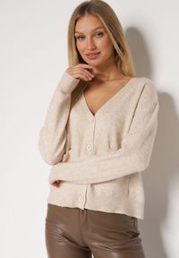 Born2be - Beżowy Rozpinany Kardigan z Dodatkiem Kaszmiru Vetirira. Okazja: na co dzień. Kolor: beżowy. Materiał: kaszmir. Styl: klasyczny, casual #6