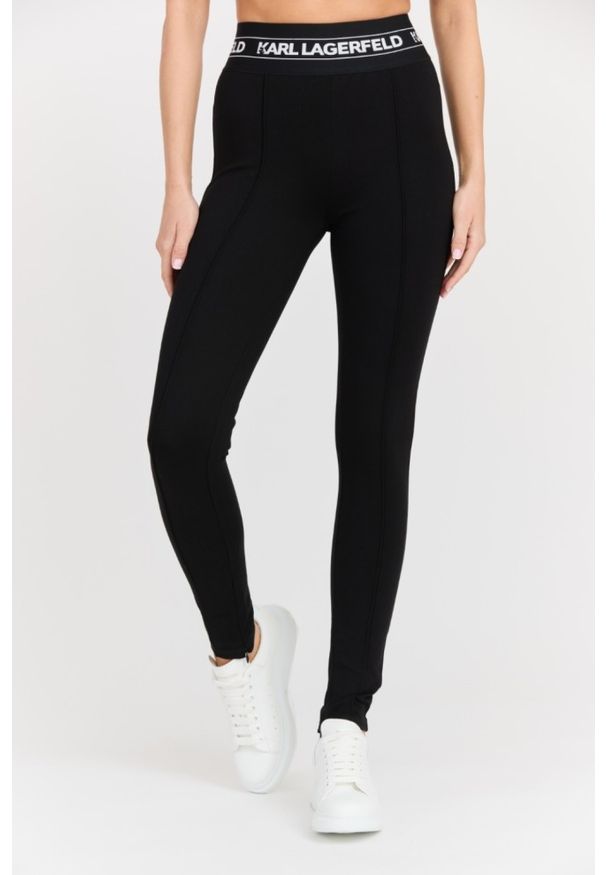 Karl Lagerfeld - KARL LAGERFELD Czarne damskie legginsy Logo Elastic Punto Leggings. Okazja: na co dzień. Kolor: czarny. Materiał: elastan, wiskoza, materiał, nylon. Styl: casual, klasyczny, elegancki