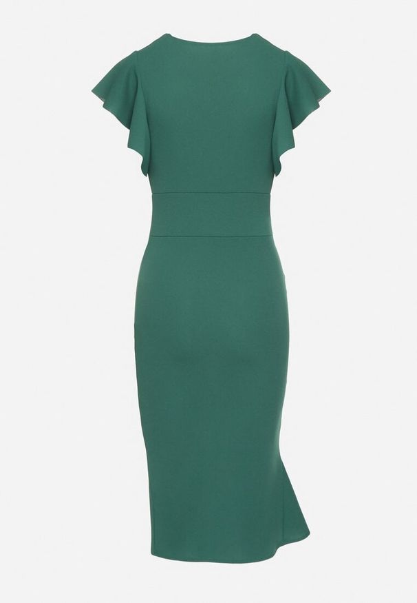 Born2be - Zielona Dopasowana Sukienka z Kopertowym Dekoltem i Falbankami Leolani. Okazja: na co dzień. Typ kołnierza: kołnierz z falbankami. Kolor: zielony. Materiał: jeans. Typ sukienki: kopertowe. Styl: casual, klasyczny