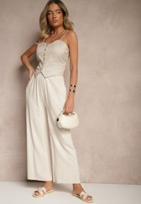 Renee - Beżowe Szerokie Spodnie z Lnem High Waist Sanitria. Okazja: na co dzień. Stan: podwyższony. Kolor: beżowy. Materiał: len. Styl: elegancki, casual