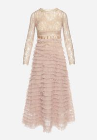 Born2be - Beżowa Maxi Sukienka Rozkloszowana z Koronkową Górą i Tiulowymi Falbankami Firina. Typ kołnierza: kołnierz z falbankami. Kolor: beżowy. Materiał: tiul, koronka. Długość: maxi #3