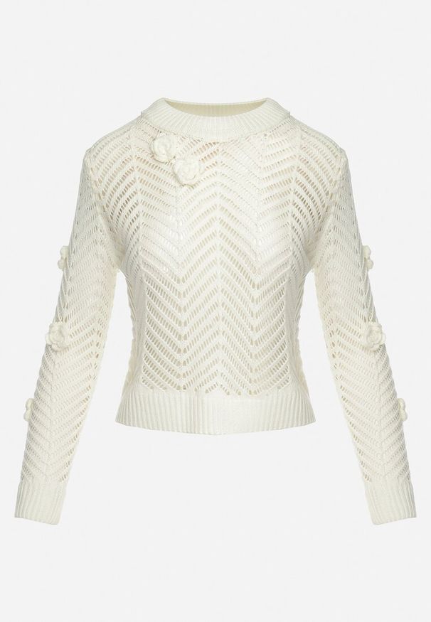 Born2be - Biały Sweter z Okrągłym Dekoltem z Ażurowym Zdobieniem i Kwiatami Iraitolla. Kolor: biały. Wzór: aplikacja, kwiaty, ażurowy. Styl: elegancki