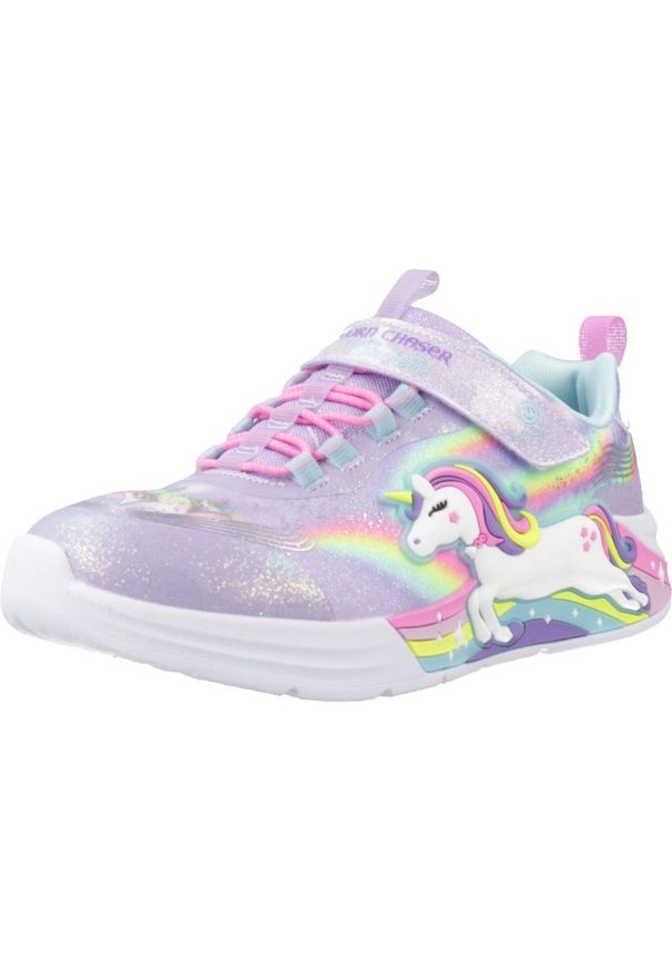 skechers - Buty SKECHERS UNICORN CHASER Fioletowy. Okazja: na co dzień. Kolor: różowy, pomarańczowy, wielokolorowy, fioletowy. Materiał: tkanina, syntetyk, materiał