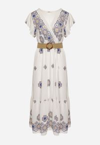 Born2be - Biało-Niebieska Wiskozowa Sukienka z Paskiem w Ornamentny Wzór Nilorine. Okazja: na co dzień, na spacer. Kolor: niebieski. Materiał: wiskoza. Typ sukienki: kopertowe. Styl: klasyczny, casual, elegancki #7