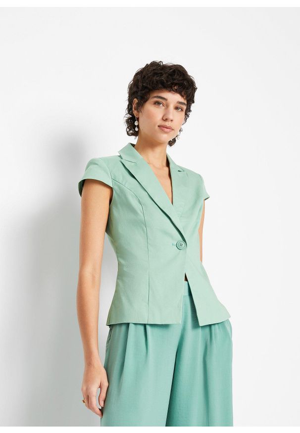 bonprix - Żakiet z krótkim rękawem, z satyny bawełnianej. Kolor: zielony. Materiał: satyna, bawełna. Długość rękawa: krótki rękaw. Długość: krótkie