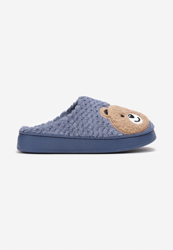 Born2be - Granatowe Kapcie z Miękkiego Futerka Ozdobione Misiem Geraja. Okazja: do domu. Kolor: niebieski. Materiał: futro. Wzór: aplikacja. Styl: elegancki