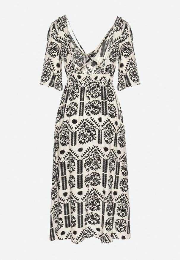 Born2be - Czarno-Kremowa Sukienka Wiskozowa Rozkloszowana z Odkrytymi Plecami w Print Boho Turaisa. Okazja: na co dzień. Typ kołnierza: dekolt w kształcie V. Kolor: czarny. Materiał: wiskoza. Długość rękawa: długi rękaw. Wzór: nadruk. Typ sukienki: proste, rozkloszowane. Styl: boho
