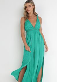 Born2be - Zielony Wiskozowy Kombinezon z Gumką w Pasie i Plecionym Sznurkiem z Lnem Evalin. Kolor: zielony. Materiał: len, wiskoza. Długość rękawa: na ramiączkach. Wzór: aplikacja #4