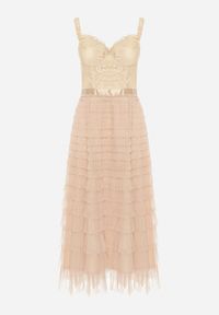 Born2be - Beżowa Sukienka Maxi na Ramiączkach z Gorsetową Górą i Tiulowymi Falbanami Encartia. Typ kołnierza: dekolt gorset. Kolor: beżowy. Materiał: tiul. Długość rękawa: na ramiączkach. Typ sukienki: gorsetowe. Długość: maxi #3